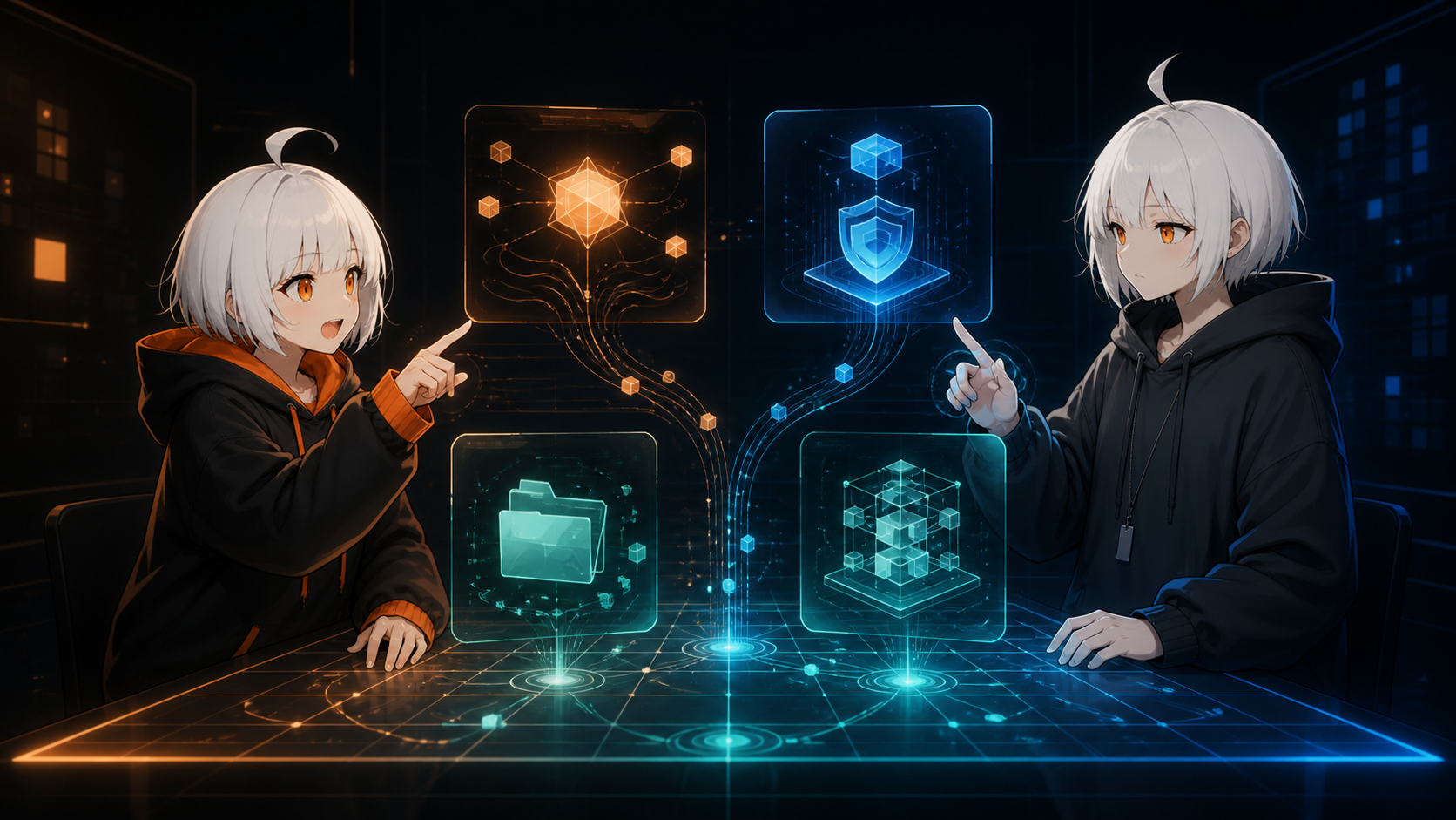 アスタとキャレットがKnotframeの製品群をホログラムで案内しているイラスト