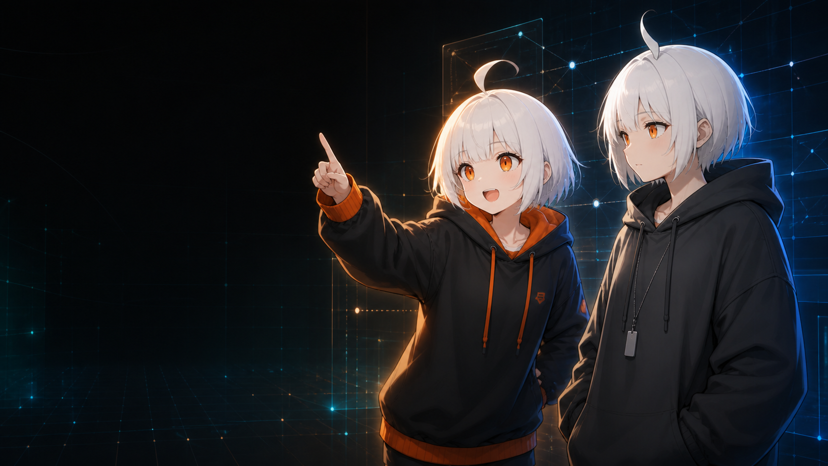 アスタとキャレットが暗いAIワークスペースで確認フローを案内しているイラスト